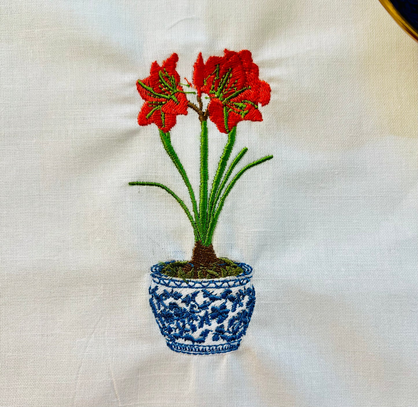 Chinoiserie Amaryllis Embroidered Tea Towel