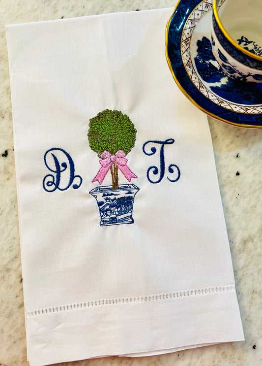 Chinoiserie Topiary with Monogram Embroidered Tea Towel