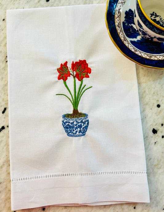 Chinoiserie Amaryllis Embroidered Tea Towel