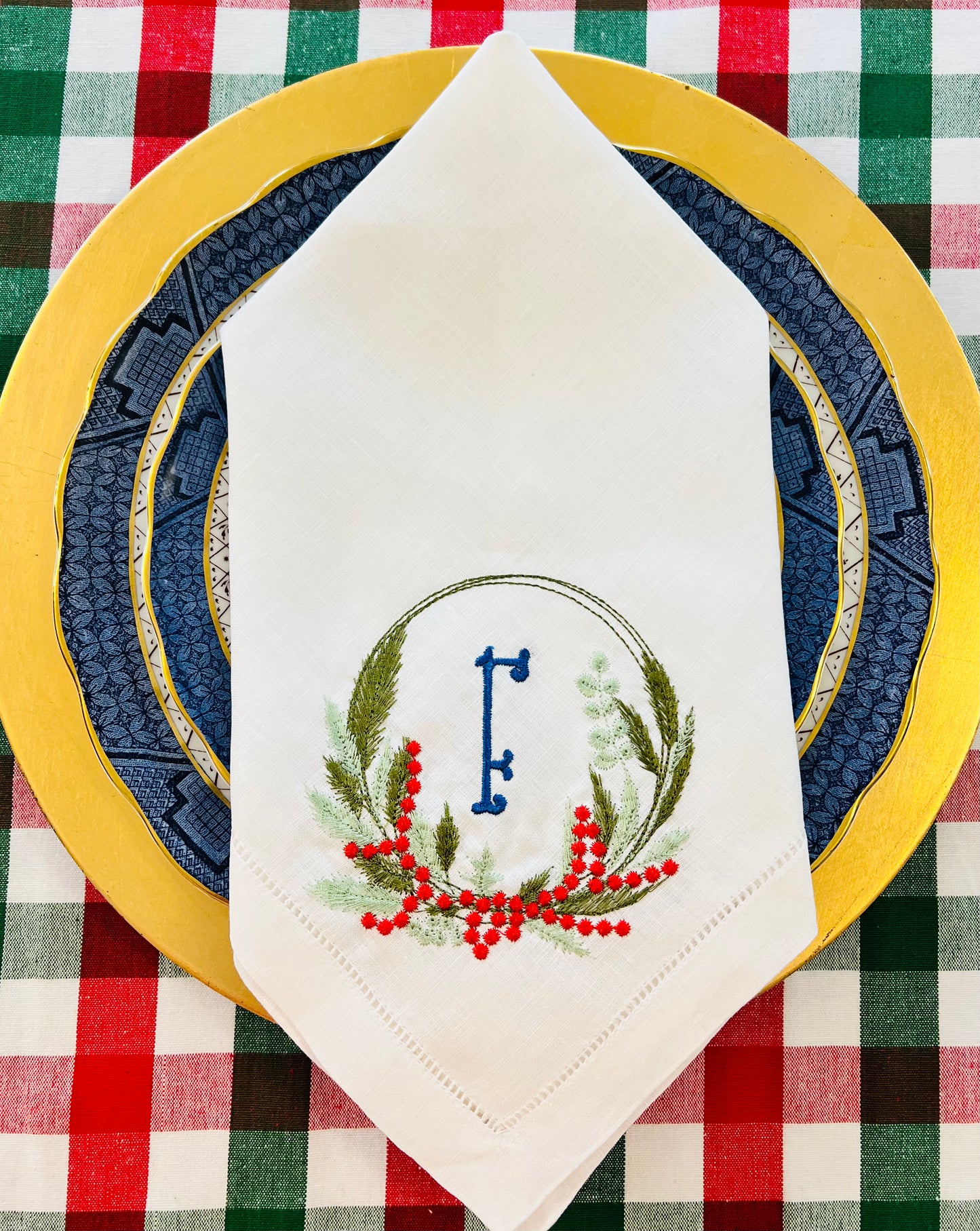 Christmas Wreath and Monogram Dinner Napkin