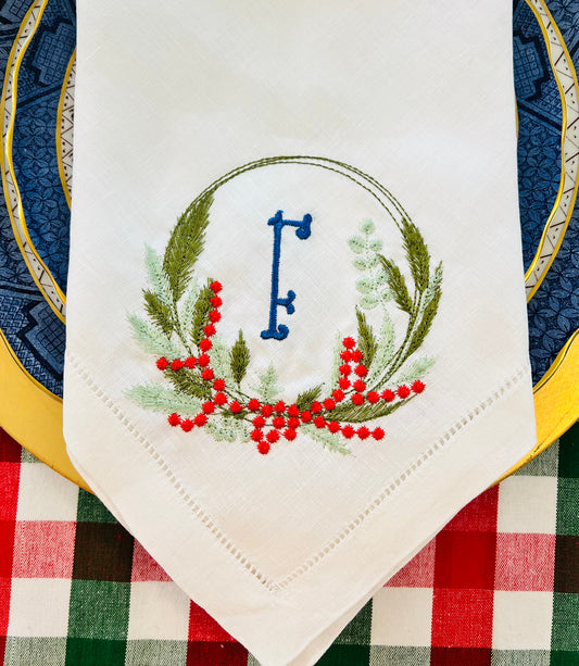Christmas Wreath and Monogram Dinner Napkin