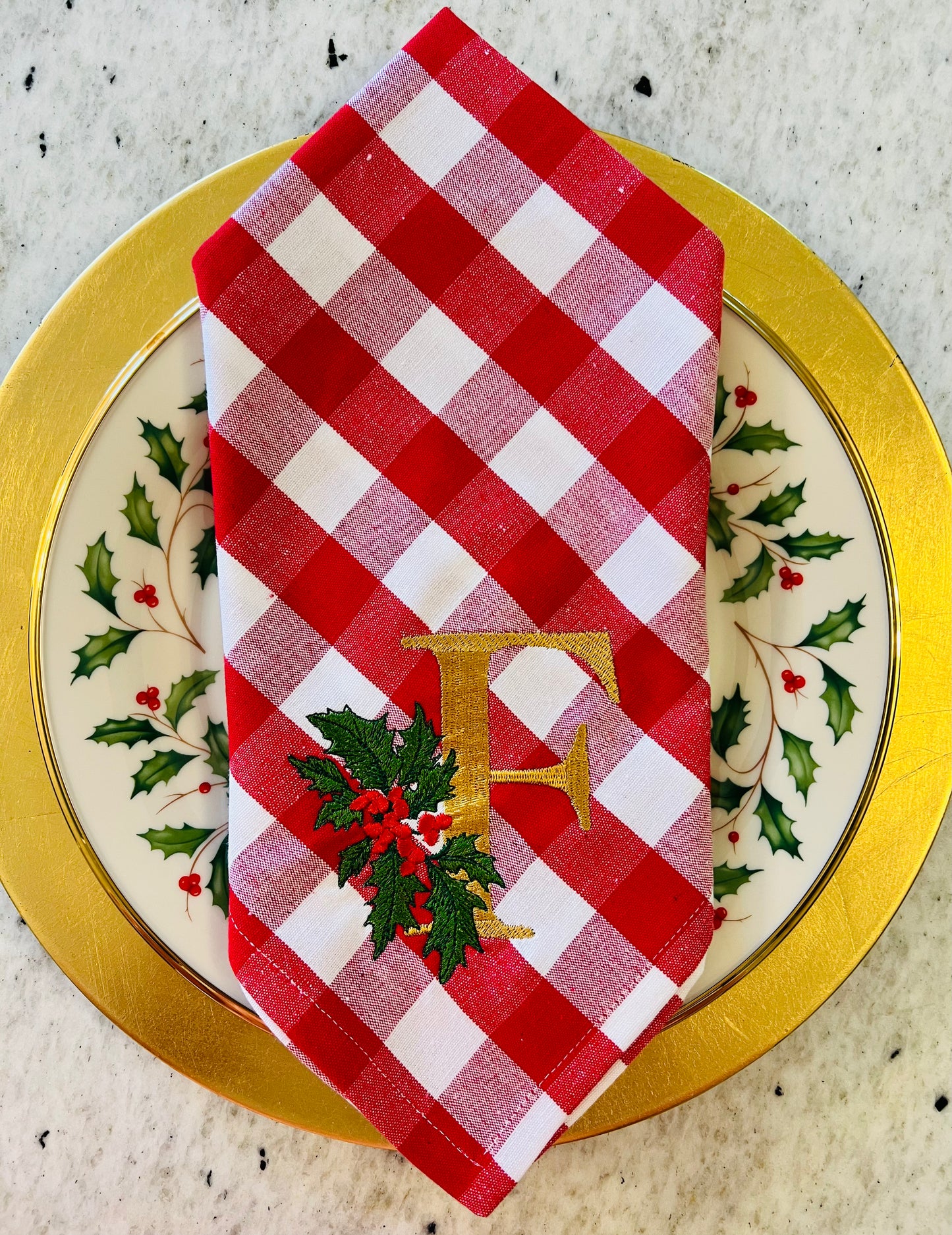 Gold Monogram Holly Berries Dinner Napkin