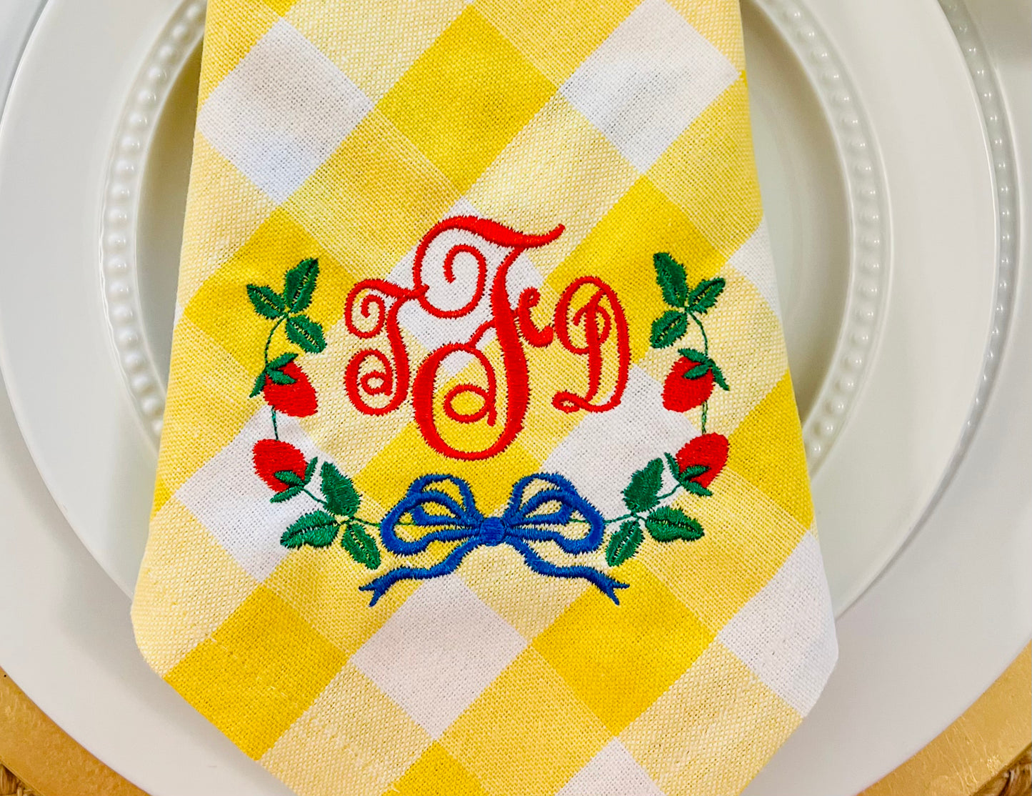 Strawberry Vine Monogram Embroidered Dinner Napkin