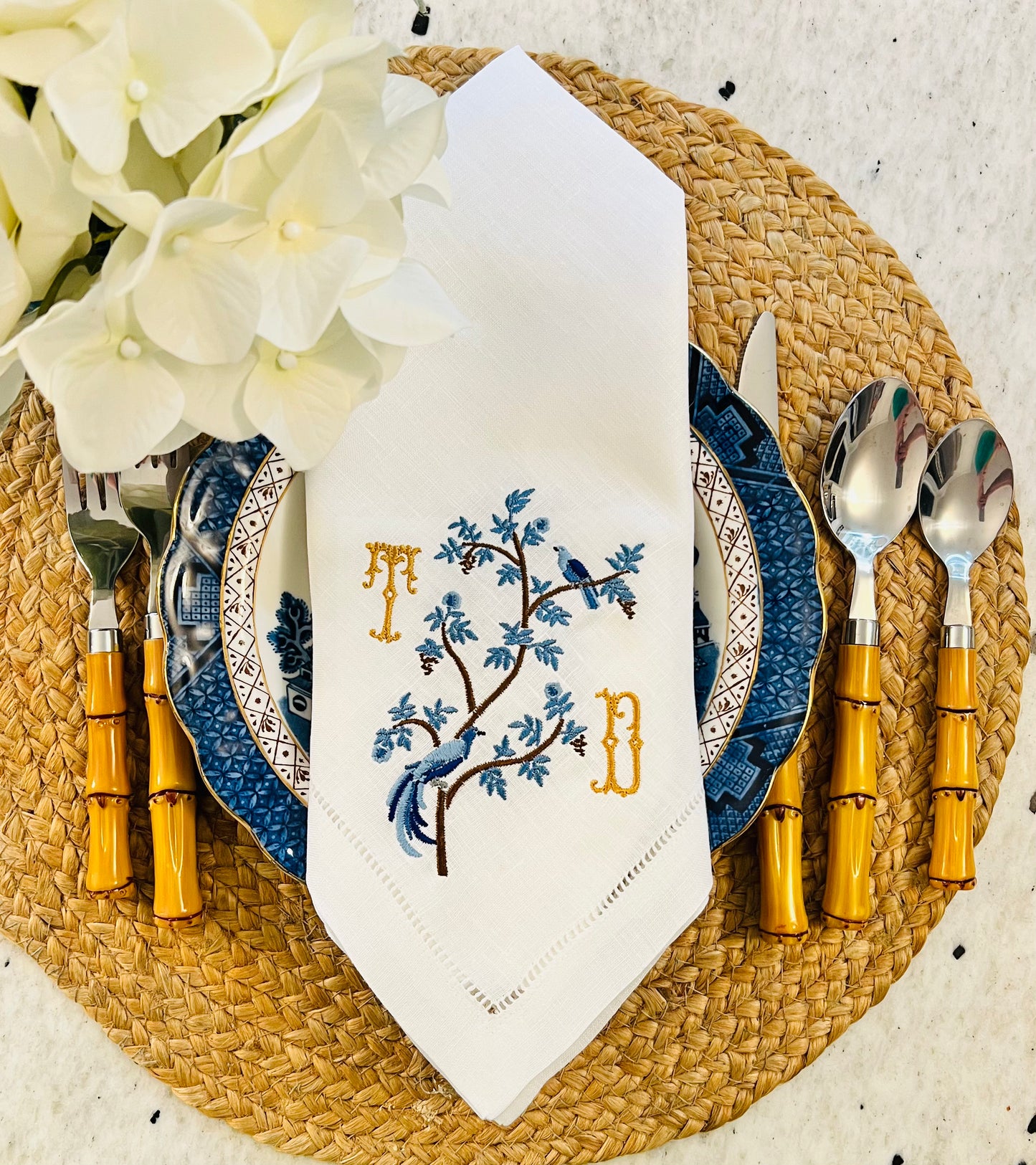 Chinoiserie with Birds Monogrammed Dinner Napkin