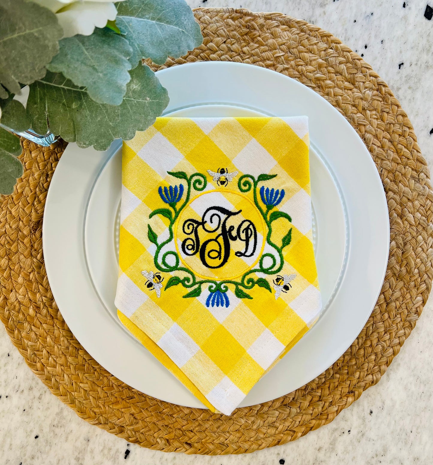 Morning Glory and Bees Embroidered Dinner Napkin