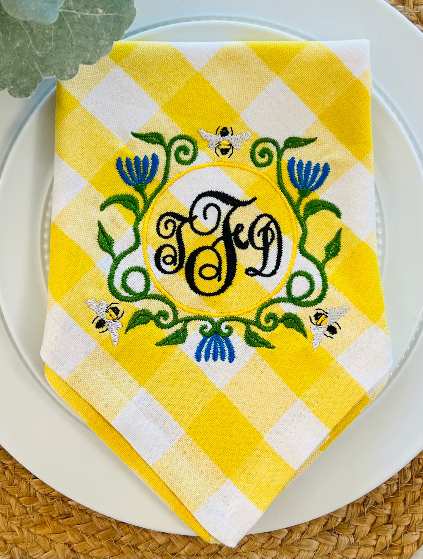 Morning Glory and Bees Embroidered Dinner Napkin