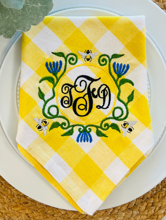 Morning Glory and Bees Embroidered Dinner Napkin
