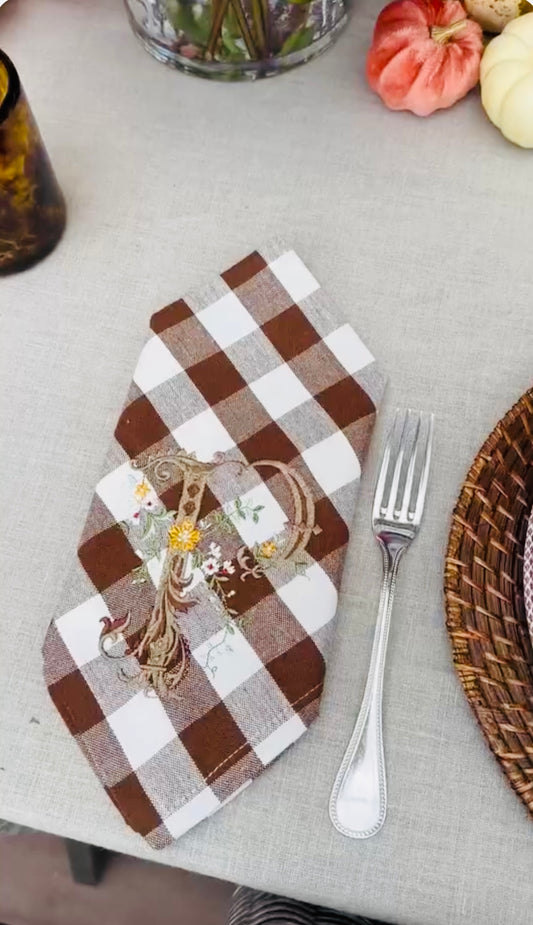 Diamond Font embroidered on Brown Checkered dinner napkins