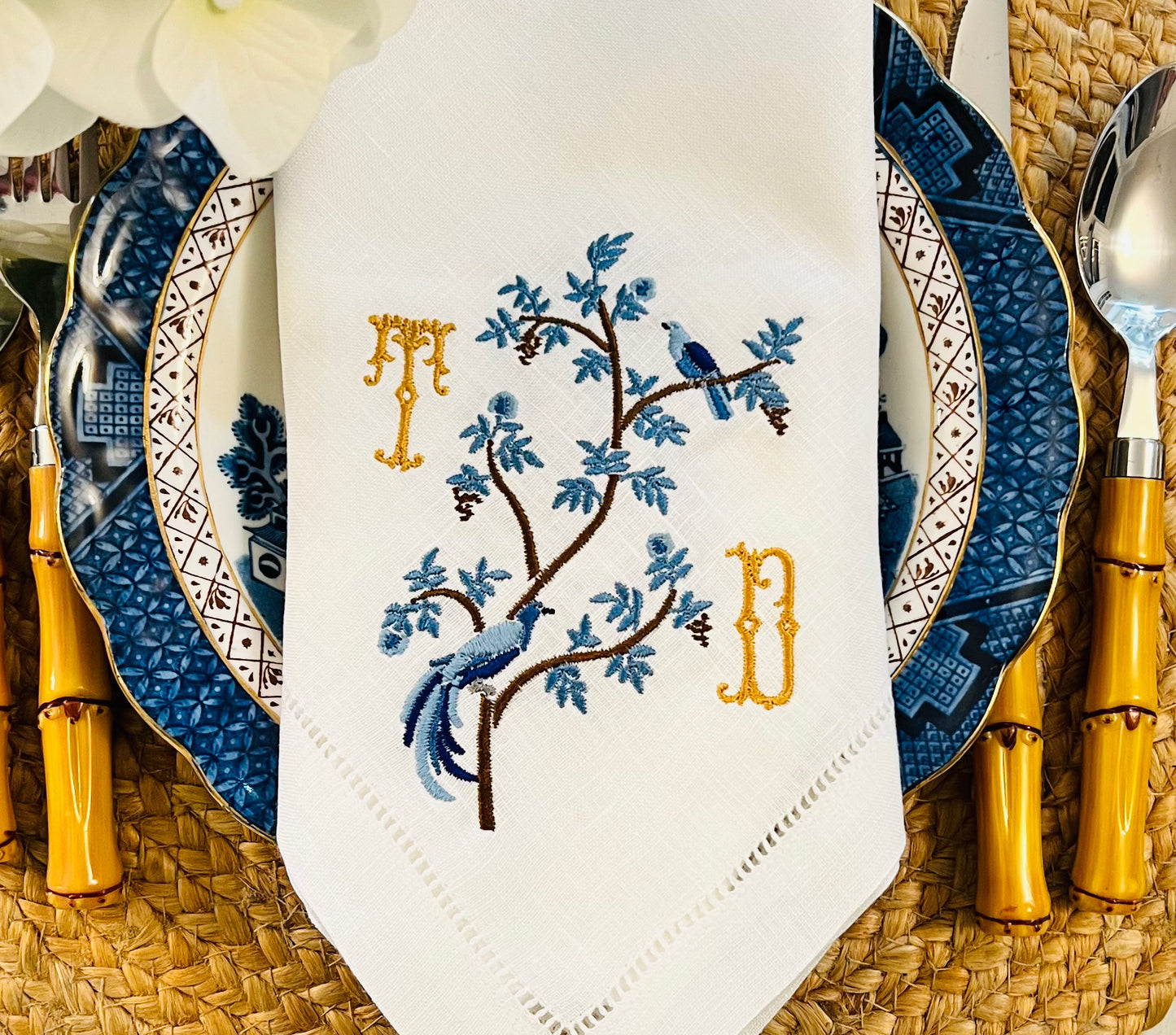 Chinoiserie with Birds Monogrammed Dinner Napkin