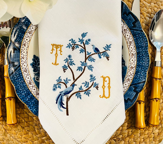 Chinoiserie with Birds Monogrammed Dinner Napkin