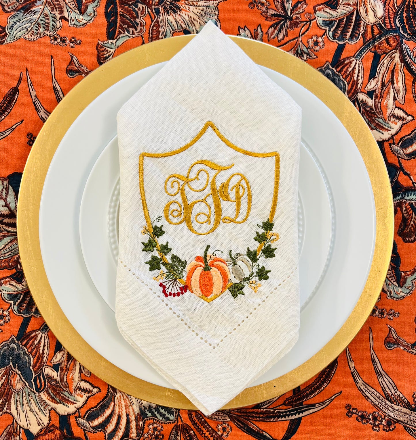 Pumpkin Crest Monogram Embroidered Dinner Napkin