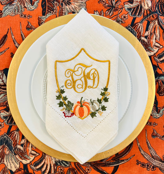Pumpkin Crest Monogram Embroidered Dinner Napkin