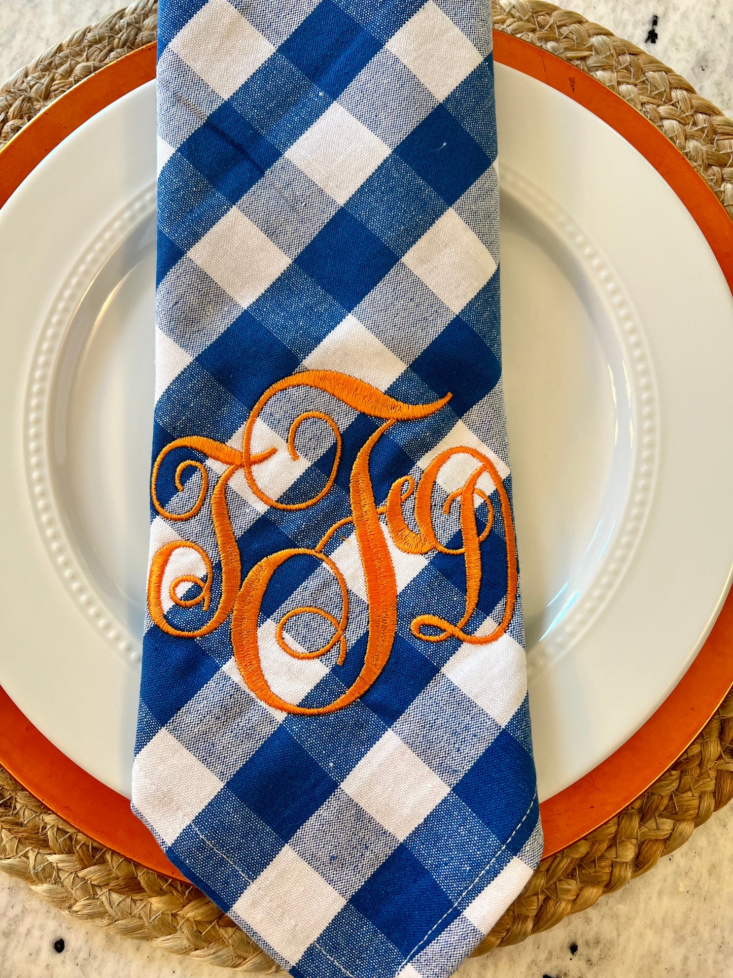 Monogrammed Blue Checked Dinner Napkin