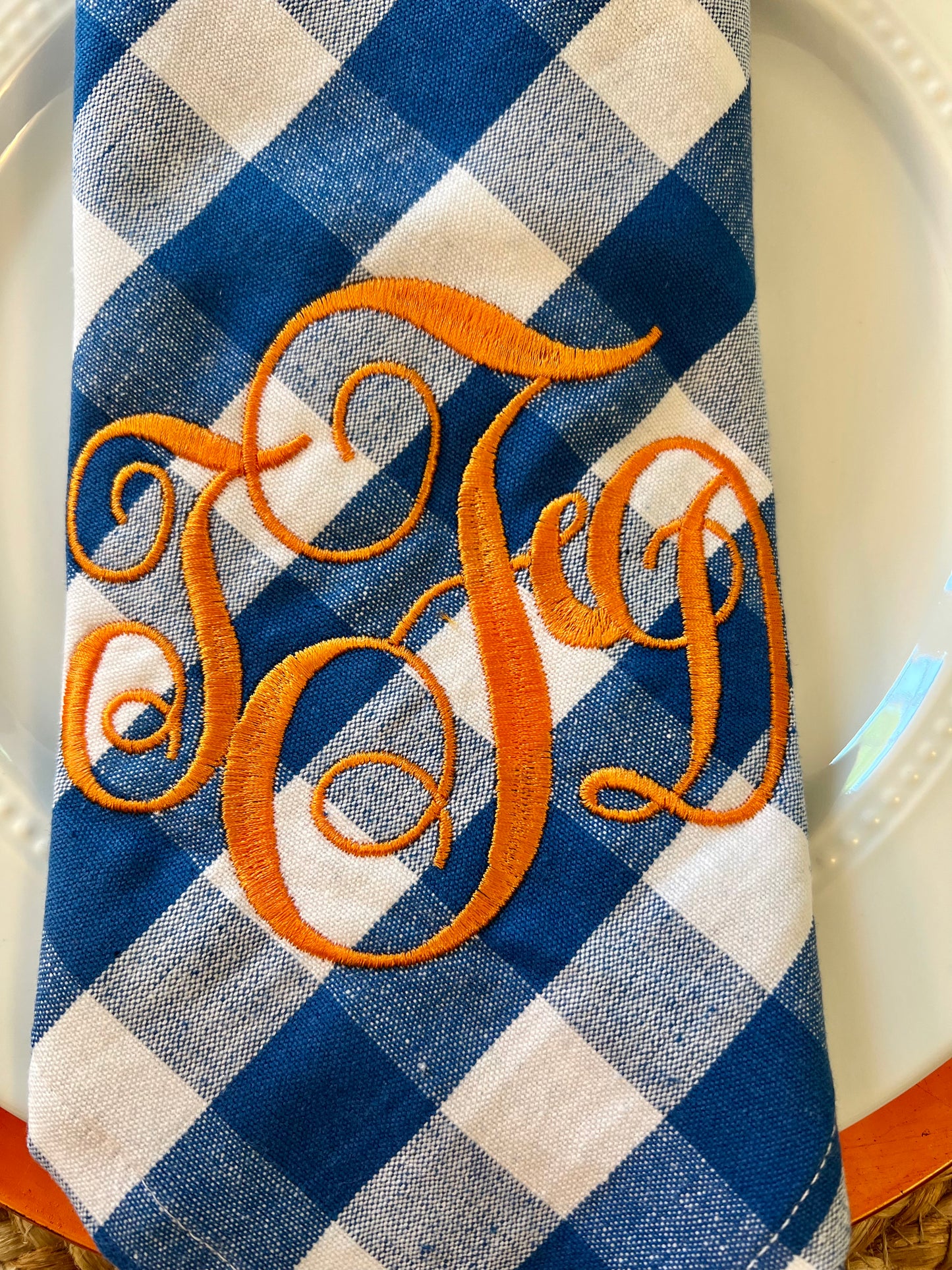 Monogrammed Blue Checked Dinner Napkin