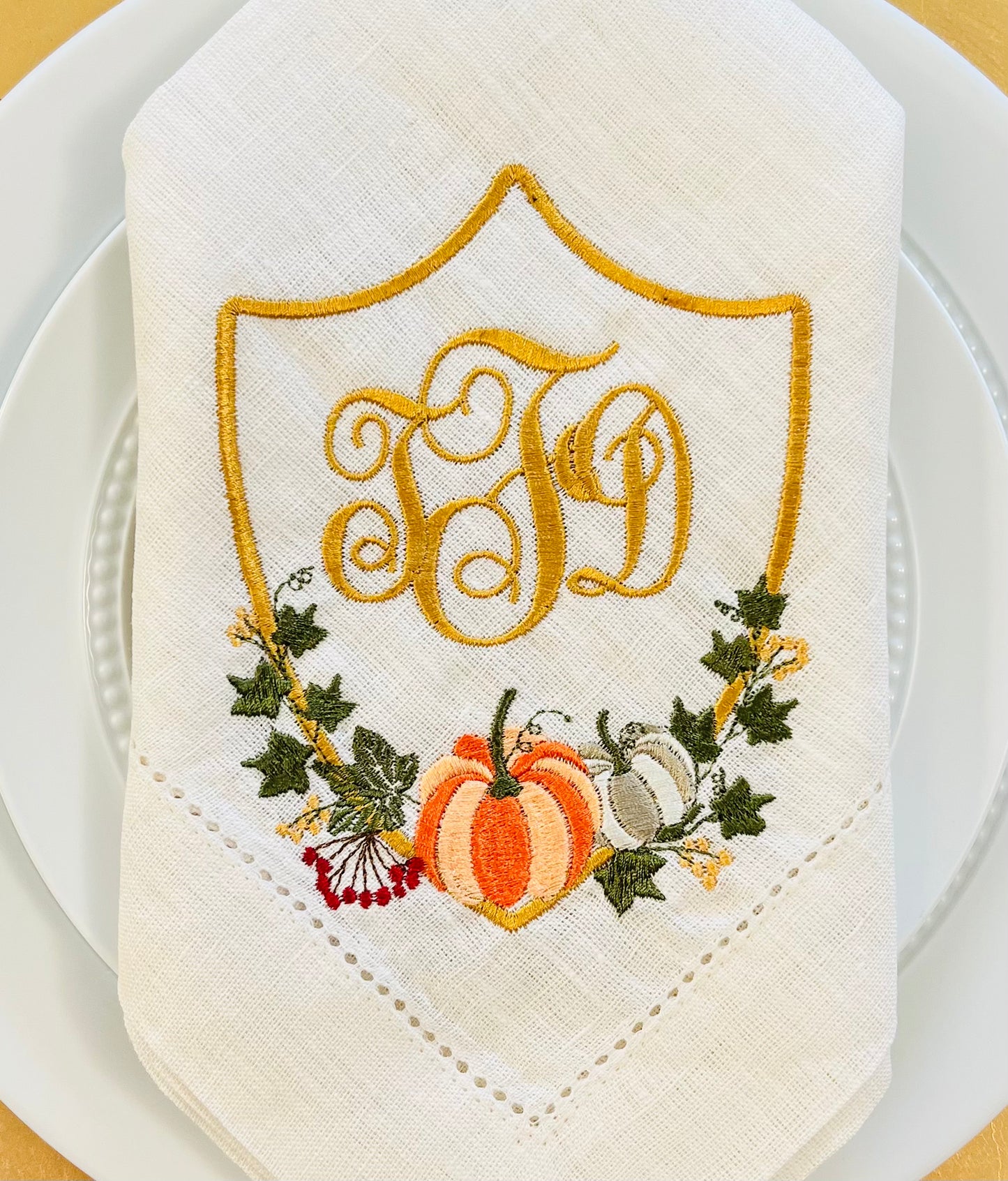 Pumpkin Crest Monogram Embroidered Dinner Napkin