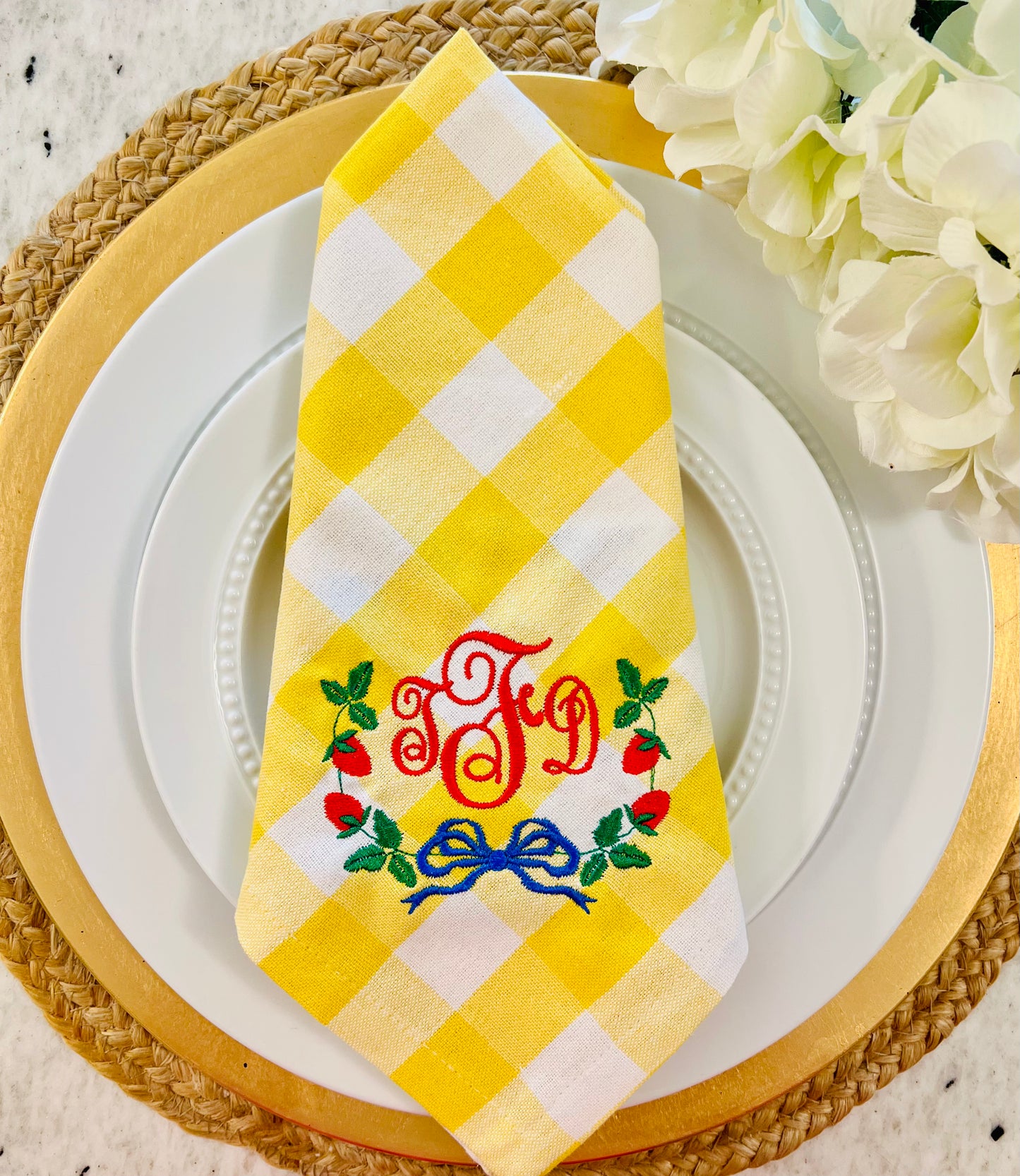 Strawberry Vine Monogram Embroidered Dinner Napkin