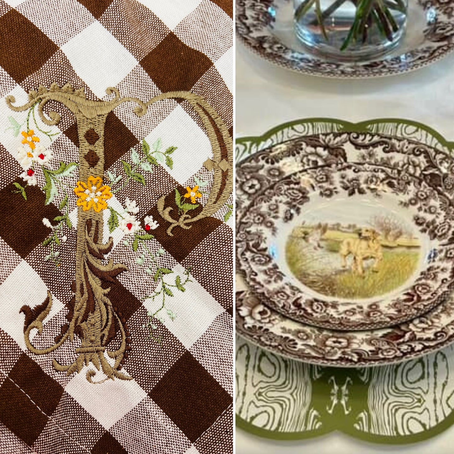 Diamond Font embroidered on Brown Checkered dinner napkins