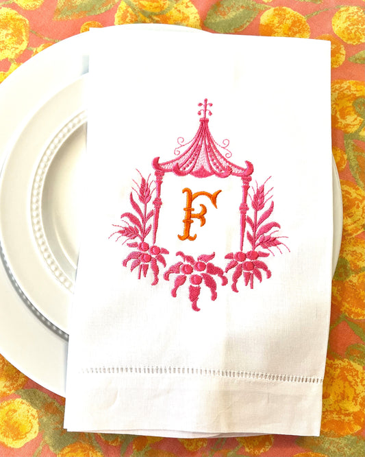 Chinoiserie Pagoda with Monogram Embroidered Tea Towel