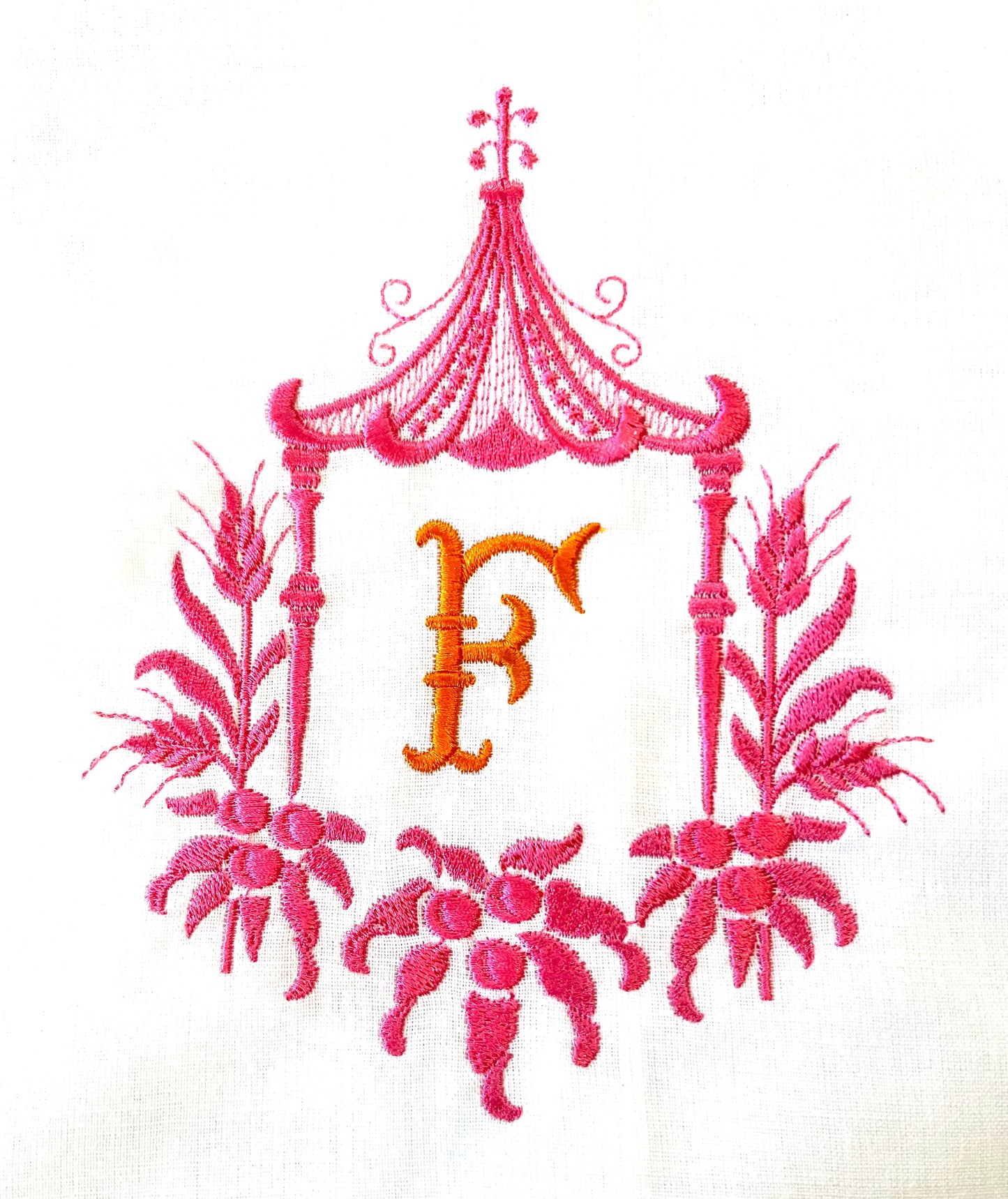 Chinoiserie Pagoda with Monogram Embroidered Tea Towel