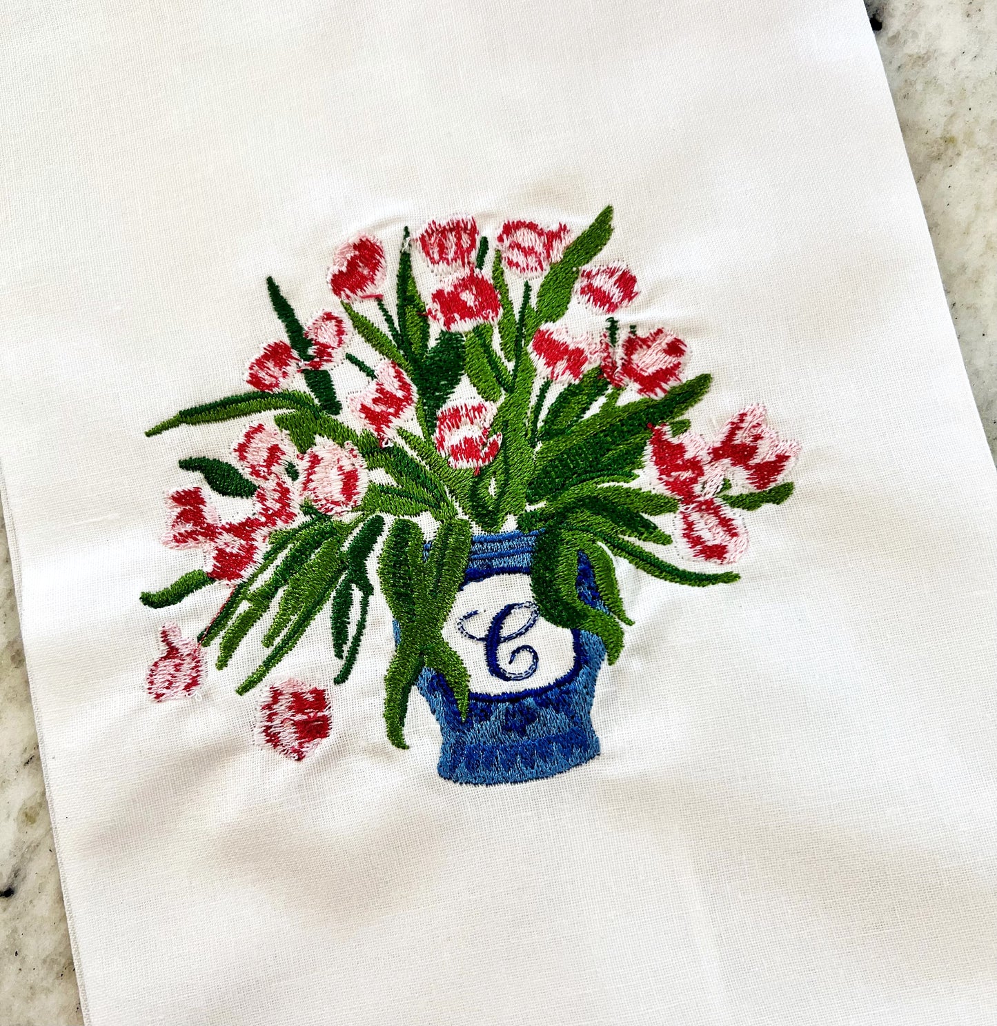 Chinoiserie Tulip Vase Embroidered Tea Towel