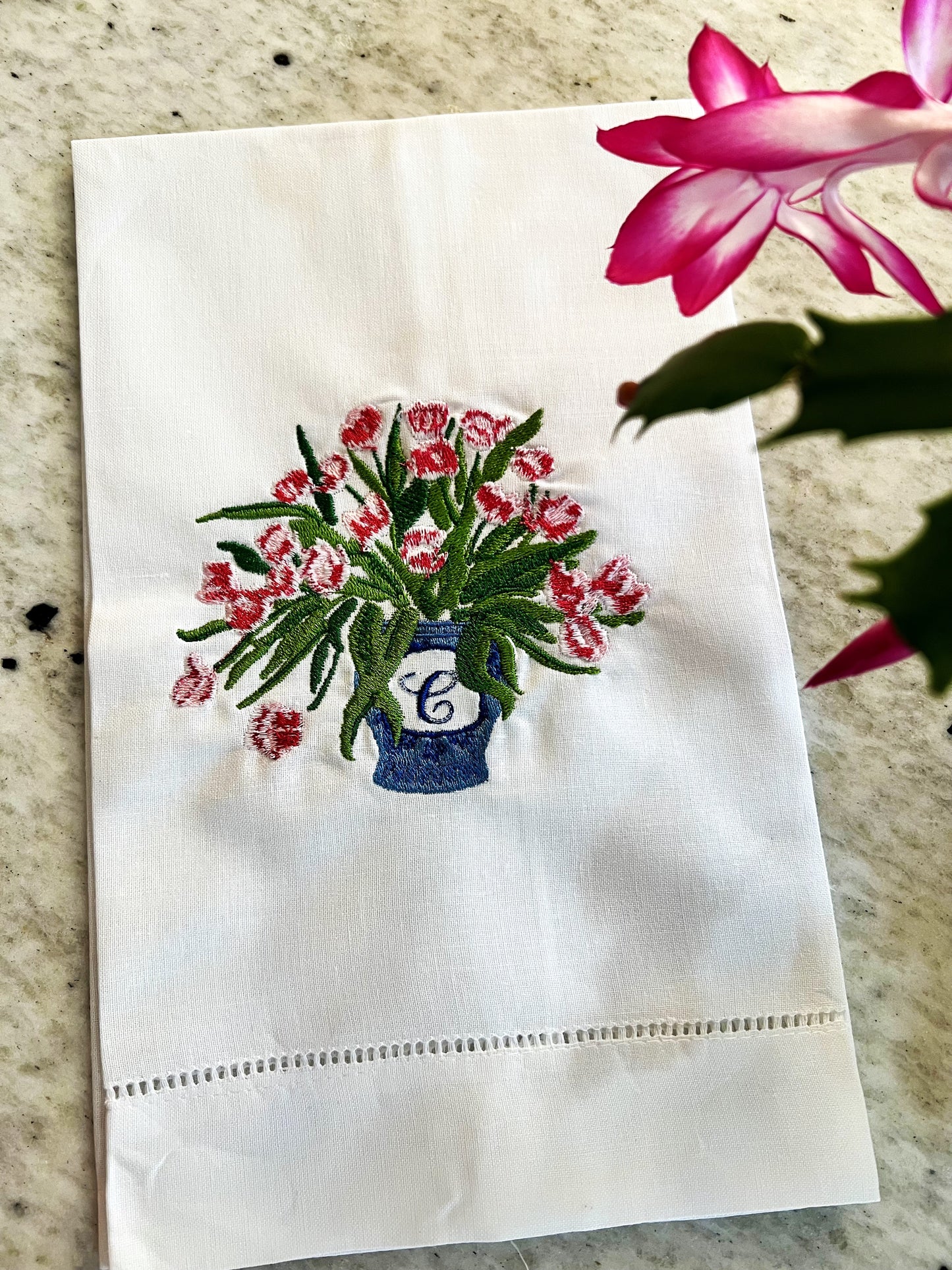 Chinoiserie Tulip Vase Embroidered Tea Towel