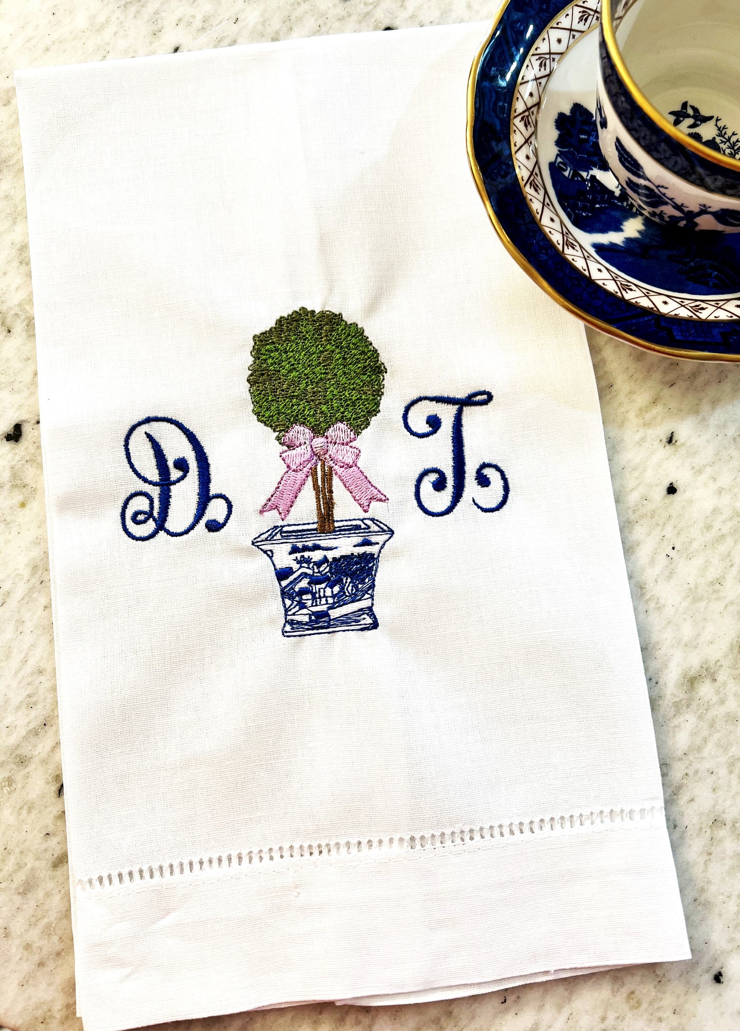 Chinoiserie Topiary with Monogram Embroidered Tea Towel