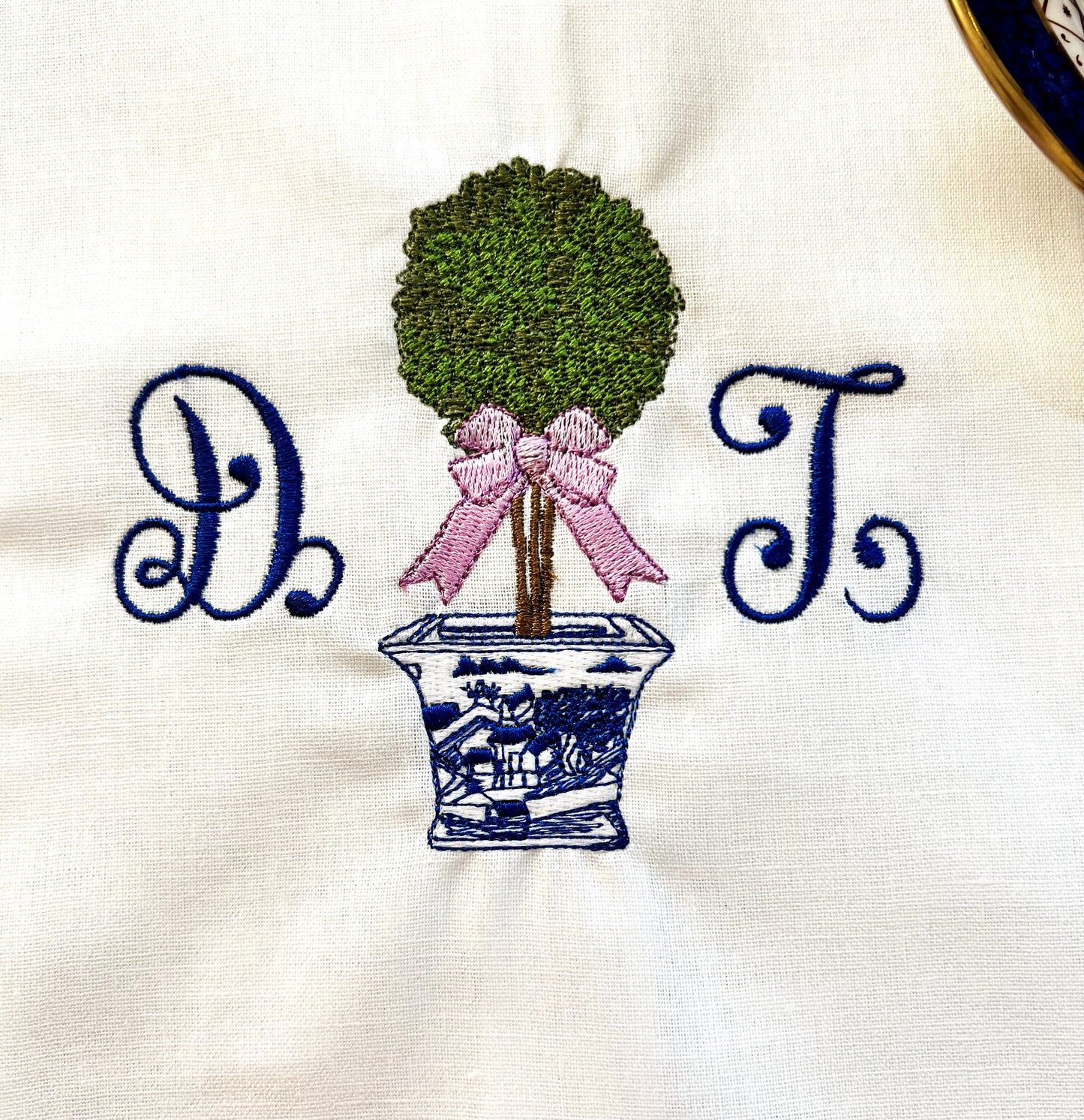 Chinoiserie Topiary with Monogram Embroidered Tea Towel