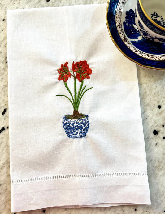 Chinoiserie Amaryllis Embroidered Tea Towel