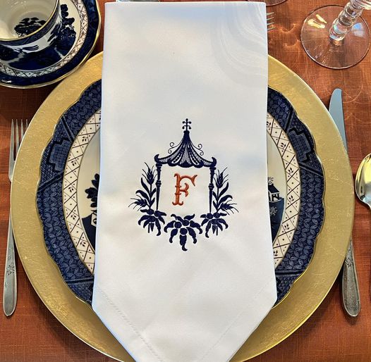 Chinoiserie Pagoda with French Fishtale Monogram Embroidered Napkin